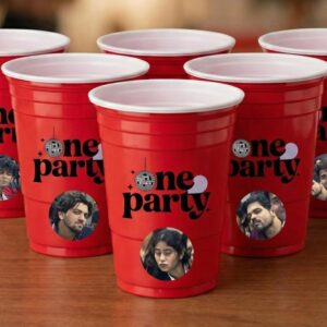 One Party "Main Character" Custom Red Cups | Classic 16oz Party Cups with Custom Face Stickers & Logo Branding